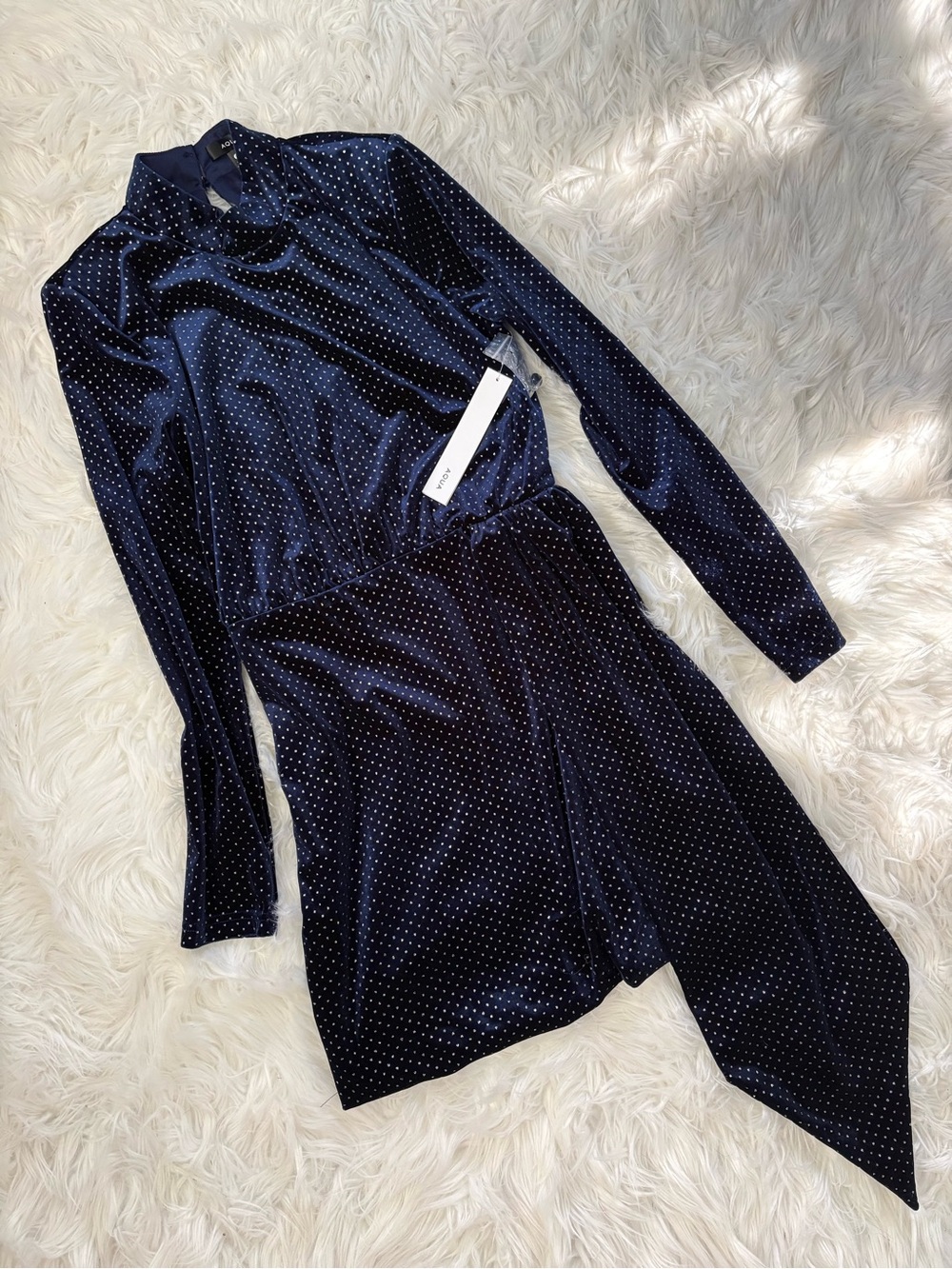 Aqua Navy Velvet Long-Sleeve Romper with Dot Studs